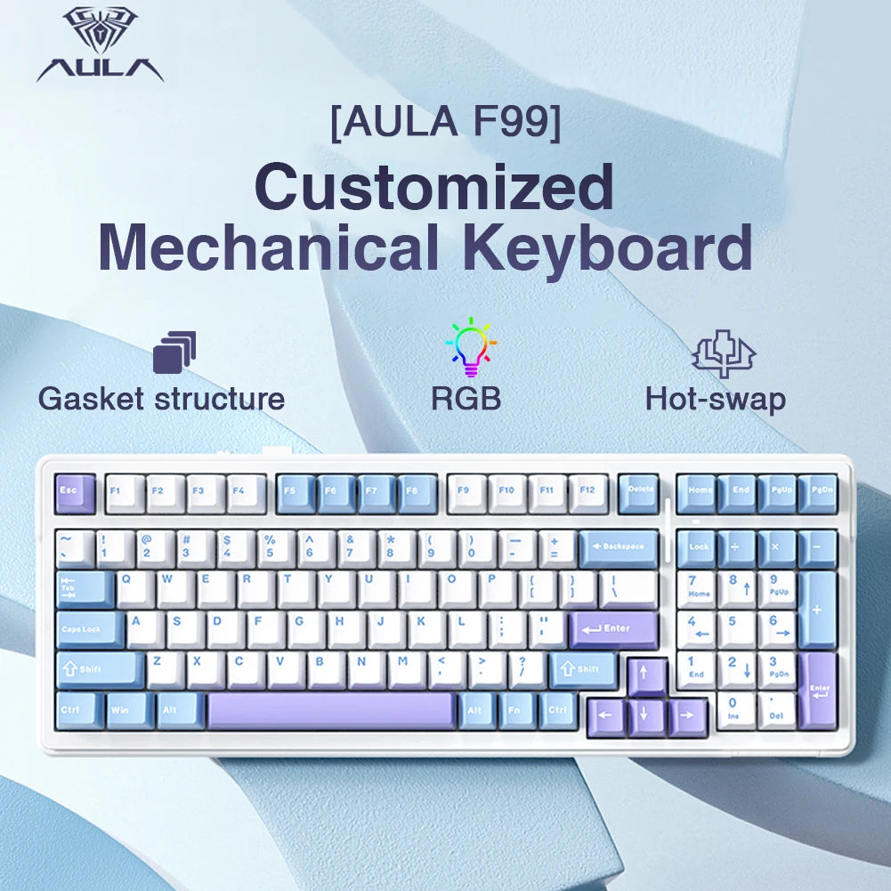 AULA F99 Machanical Keyboard Bluetooth 5.0/2.4G Wireless/Wired Gasket-mounted Gaming Keyboard 99 Keys Customizable Keyboards